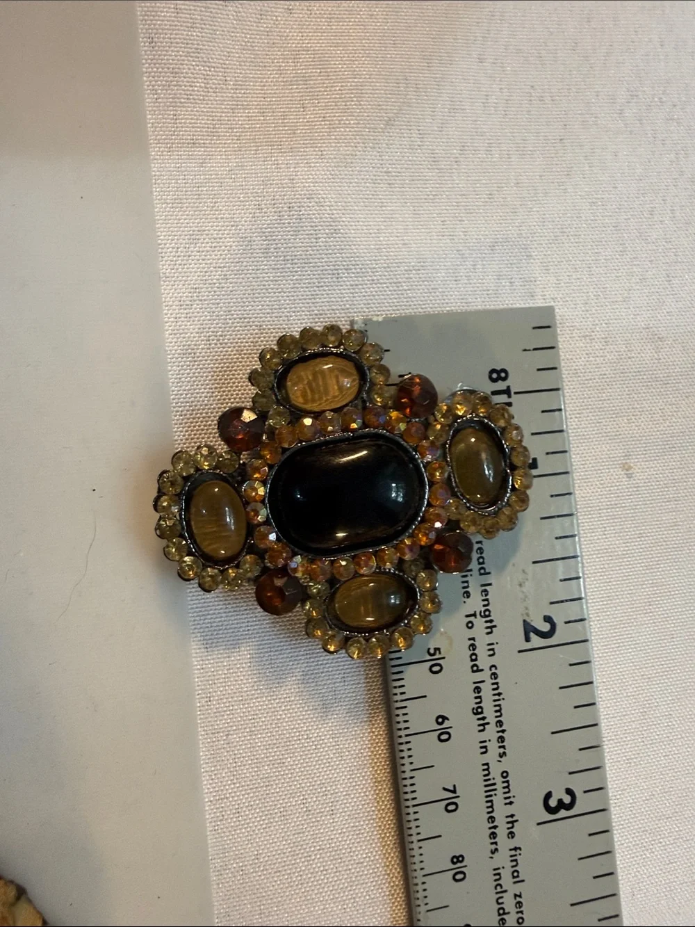 Vintage Brooch Black enamel Center & Amber Accents Inc rhinestone Guc 2” appx